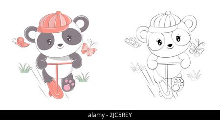 Cute Panda Clipart for Coloring Page and Illustration. Happy Clip Art Panda on a Scooter. Vector Illustration of an Animal for Stickers, Prints for Stock Vector