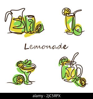 Set of doodle style lemonade, sweet summer drink. Vector set of cartoon yellow lemons with glasses and a decanter with fruit juice Stock Vector