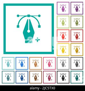 Adding editing point with pen tool flat color icons with quadrant frames on white background Stock Vector