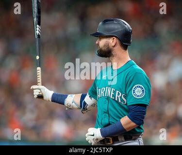 Seattle Mariners 'Jesse Winker (27) celebrates with Dylan Moore (25) after  hitting a solo home run against the Oakland Athletics during the seventh  inning of a baseball game in Oakland, Calif., Tuesday