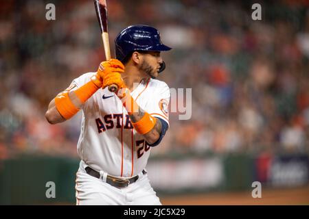 Houston Astros center fielder Jose Siri attempts to catch a fly ball by  Tampa Bay Rays' Brett Phillips during the second inning of a baseball game  Wednesday, Sept. 29, 2021, in Houston.