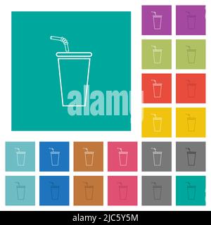 Disposable drinking cup with straw outline multi colored flat icons on plain square backgrounds. Included white and darker icon variations for hover o Stock Vector