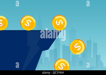 Vector of dollar coins falling down of the cliff on a city background Stock Vector