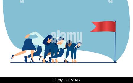 Vector of business people employees ready to run, standing at start line with flag. Stock Vector