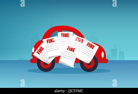 Vector of a car with multiple traffic tickets on a cityscape background Stock Vector