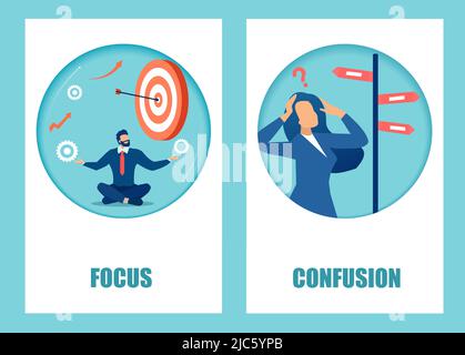 Mental state concept. Vector of a focused businessman vs confused businesswoman Stock Vector