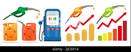 petrol fuel icon set flat style refueling gun and canister, Rising gas prices and Oil increase fuel concept infographics. vector illustration Stock Vector