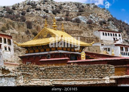 Ganden Monastery on top of Wangbur Mountain is  the 1st and primary monastery of the Gelug School of Tibetan Buddhism. Stock Photo