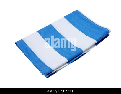 Folded kitchen towel cloth isolated. Blue white stripes tablecloth. Stock Photo