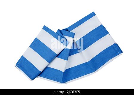Striped blue folded kitchen towel cloth top view isolated on white. Stock Photo