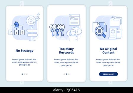 Search engine optimization mistakes light blue onboarding mobile app screen Stock Vector