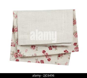 Folded kitchen cloth isolated on white.Tablecloth front view.Beige napkin. Stock Photo