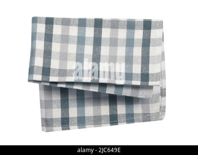 Checkered kitchen towel isolated on white.Grey blue and white checked napking.Gingham cloth. Stock Photo