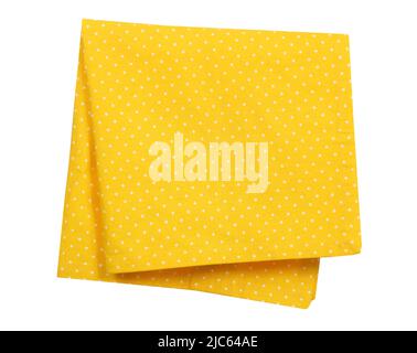 Yellow folded kitchen towel isolated on white.Household napkin.Tablecloth object. Stock Photo