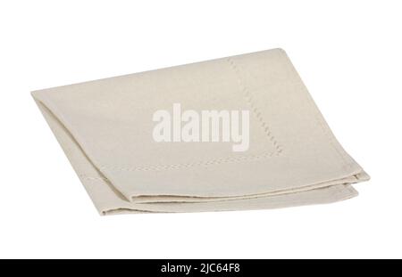 Folded beige burlap cloth isolated.Food decoration napkin.Tablecloth object. Stock Photo