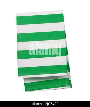 Folded kitchen towel isolated on white.Green stripes white domestic napkin.Cotton cloth christmas decorative element. Stock Photo