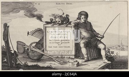 An angler sits on a quay, leaning against a pedestal on which are several vanitas symbols: a laureled skull and an extinguished pipe and candle. On the ground the attributes of country life such as rake and fishing tools. On the pedestal is the title of the print series. Beneath the title on the pedestal is the statement that Claes Jansz. Visscher made the title print after the death of the engraver of the series: Jan van de Velde (II). Title-print of a series with 36 prints of landscapes, divided into six parts., Hengelaar bij een stone sokkel Playsante lantschappen ende vermakelycke Stock Photo