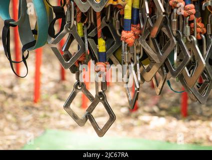 Carabiner in the rope park. Carabiners for climbers. Hanging ropes. Fixings and insurance. Square quadrangular carabiner. Stock Photo