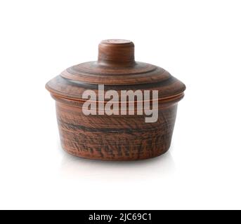 Brown ceramic pot pan with cover isolated on white with shadow.Kitchenware. Stock Photo