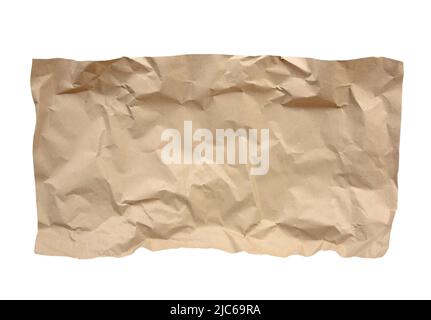 Wrap paper flat lay. Crumpled brown paper sheet. Food dish isolated. Stock Photo