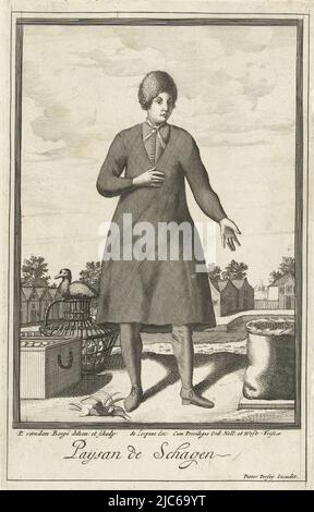 A man dressed in a fisherman's habit is standing by the water between merchandise. In the background a row of cottages. Print from a series of 10 prints depicting villagers wearing traditional costumes, Farmer from Schagen Paijsan de Schagen  Dutch costumes (series title), print maker: Pieter van den Berge, (mentioned on object), intermediary draughtsman: Pieter van den Berge, (mentioned on object), publisher: Pieter Persoy, (mentioned on object), Amsterdam, 1669 - in or before 1689, paper, etching, engraving, h 278 mm × w 173 mm Stock Photo