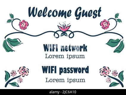 Wifi network and password vector template for hotel, bed and breakfast,guesthouse. Relaxed floral decorative sign in loose line art style on white Stock Vector