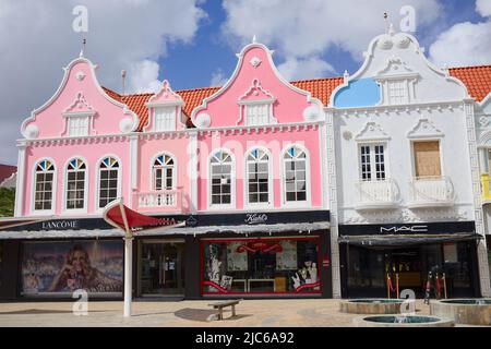 ORANJESTAD, ARUBA - DECEMBER 4, 2021: The facade of the Plaza Daniel Leo Shopping Mall being painted in the city center of Oranjestad on Aruba Stock Photo