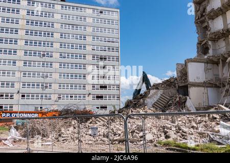 Thornaby, UK 10th June 2022.Demolition work has started on 2 high - rise blocks of flats in the town. Workmen have started work on Anson House and neighbouring Hudson House is also due to be demolished to make way for new housing.  David Dixon / Alamy Stock Photo