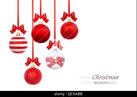 Christmas red balls hanging isolated on white.New year background.Holiday decoration. Stock Photo