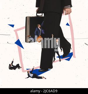 Contemporary art collage. Ginat woman with suitcase walking around small people trying to reach her. Boss influence Stock Photo