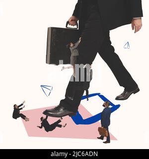 Contemporary art collage. Ginat man with suitcase walking around small people trying to reach him. Stock Photo