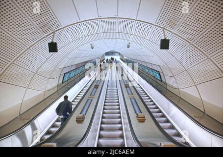 London, UK. Main escalator shaft at the new Elizabeth Line (Crossrail ...