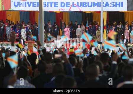 Illustration picture shows Queen Mathilde of Belgium and King Philippe - Filip of Belgium pictured during a visit to Lubumbashi University, during an official visit of the Belgian Royal couple to the Democratic Republic of Congo, Friday 10 June 2022. The Belgian King and Queen will be visiting Kinshasa, Lubumbashi and Bukavu from June 7th to June 13th. BELGA PHOTO NICOLAS MAETERLINCK Credit: Belga News Agency/Alamy Live News Stock Photo