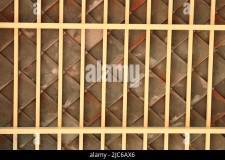 traditional Wooden batten under tiled roof, wooden roof frame under construction. Stock Photo