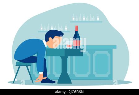 Vector of a young drunk man sitting sleeping at the table with a bottle of wine inside the pub. Stock Vector