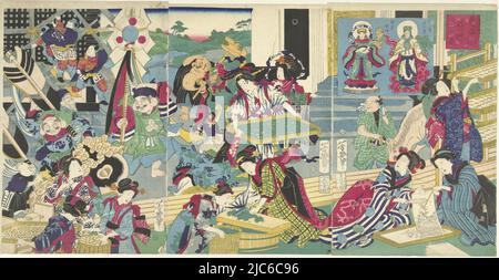 Women during various stages in the process of growing silkworms, in the background the seven Japanese gods of fortune. Silk was an important export product for Japan during this period and the cultivation of the silkworm an important part of the economy., The seven gods of fortune in the cultivation of silkworms, print maker: Utagawa Yoshiiku, (mentioned on object), publisher: Tsujiokaya Bunsuke, (mentioned on object), Japan, 1875, paper, colour woodcut, h 359 mm × w 720 mm Stock Photo