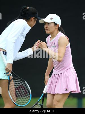 Japan’s Shuko Aoyama (right) with doubles partner Chinese Taipei’s Hao-Ching Chan on day seven of the Rothesay Open 2022 at Nottingham Tennis Centre, Nottingham. Picture date: Friday June 10, 2022. Stock Photo
