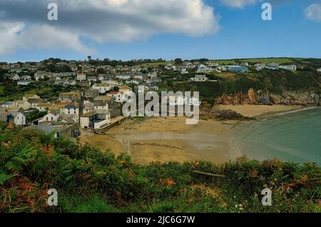 Looking down to Gorran Haven town, its beautiful beach and the adjoining Little Perhaver Beach. Stock Photo