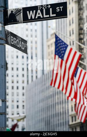 USA, New York City, Manhattan,  NYSE New York Stock Exchange at corner Wall Street  Broad Street/ Boerse an der Wall St. Stock Photo