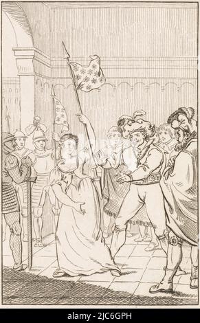 A woman holding a flag bearing the French fleur-de-lis in an interior surrounded by many richly dressed gentlemen. Top right: Pl. II. Bottom right: Page 97., Gentlemen near a woman with a flag Jeanne d'Arc Who loves me, who follows me! -, print maker: Daniël Veelwaard (I), intermediary draughtsman: Jacob Smies, publisher: François Bohn, Haarlem, 1802 - 1809, paper, etching, h 198 mm × w 115 mm Stock Photo