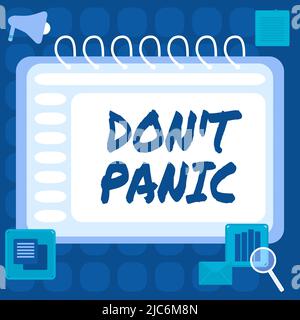 Handwriting text Don T Panic. Business approach sudden strong feeling of fear prevents reasonable thought Blank Open Spiral Notebook With A Calculator Stock Photo