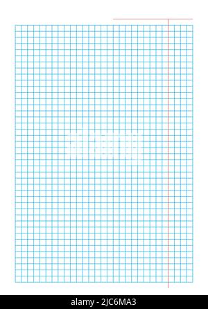 Blank notebook sheet with margins Sheet with blue squares on white background Perfect for planner, notebook, school, print A5 Checkered pattern Papers Stock Vector