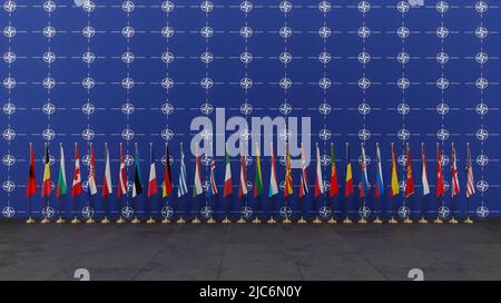 NATO Member countries flags, Flags of NATO members, NATO summit, 3D work and 3D illustration Stock Photo