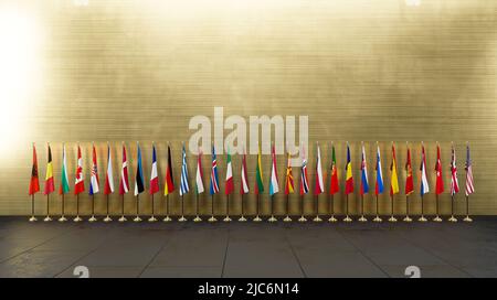 NATO Member countries flags, Flags of NATO members, NATO summit, 3D work and 3D illustration Stock Photo