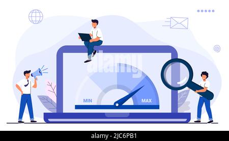 Website loading optimization Page speed and SEO Flat vector concept illustration Website speed Loading time Page optimization Speed test metering dial Stock Vector