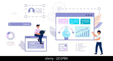 Programmer or coder looking at notebook display and program window with code Concept of script coding Correct errors Programming in php API or applica Stock Vector