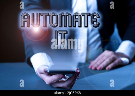 Handwriting text Automate It. Word Written on convert process or facility to be operated automatic equipment. Lady in suit holding pen symbolizing Stock Photo