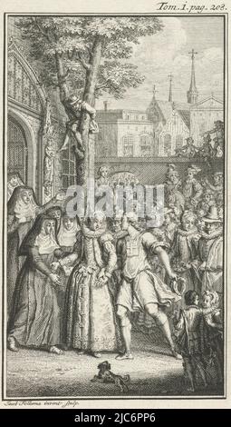 A richly dressed woman stands between a group of nuns and a young man. The latter has taken off his hat for the woman and grabbed her hand. A curious crowd has gathered in the background. Print marked upper right: Tom. i. pag. 208., Richly dressed woman surrounded by a crowd of curious people, print maker: Jacob Folkema, (mentioned on object), intermediary draughtsman: Jacob Folkema, (mentioned on object), 1702 - 1767, paper, etching, h 165 mm × w 121 mm Stock Photo