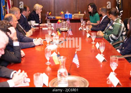 Boston, USA. 10th June, 2022. Princess Astrid of Belgium and Boston mayor Michelle Wu pictured during a meeting at the Boston City Hall, during a Belgian Economic Mission to the United States of America, Friday 10 June 2022. A delegation featuring the Princess and various Ministers will be visiting Atlanta, New York and Boston from June 4th to the 12th. BELGA PHOTO LAURIE DIEFFEMBACQ Credit: Belga News Agency/Alamy Live News Stock Photo