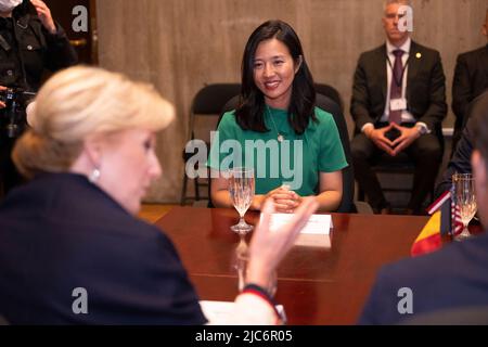 Boston, USA. 10th June, 2022. Princess Astrid of Belgium and Boston mayor Michelle Wu pictured during a meeting at the Boston City Hall, during a Belgian Economic Mission to the United States of America, Friday 10 June 2022. A delegation featuring the Princess and various Ministers will be visiting Atlanta, New York and Boston from June 4th to the 12th. BELGA PHOTO LAURIE DIEFFEMBACQ Credit: Belga News Agency/Alamy Live News Stock Photo